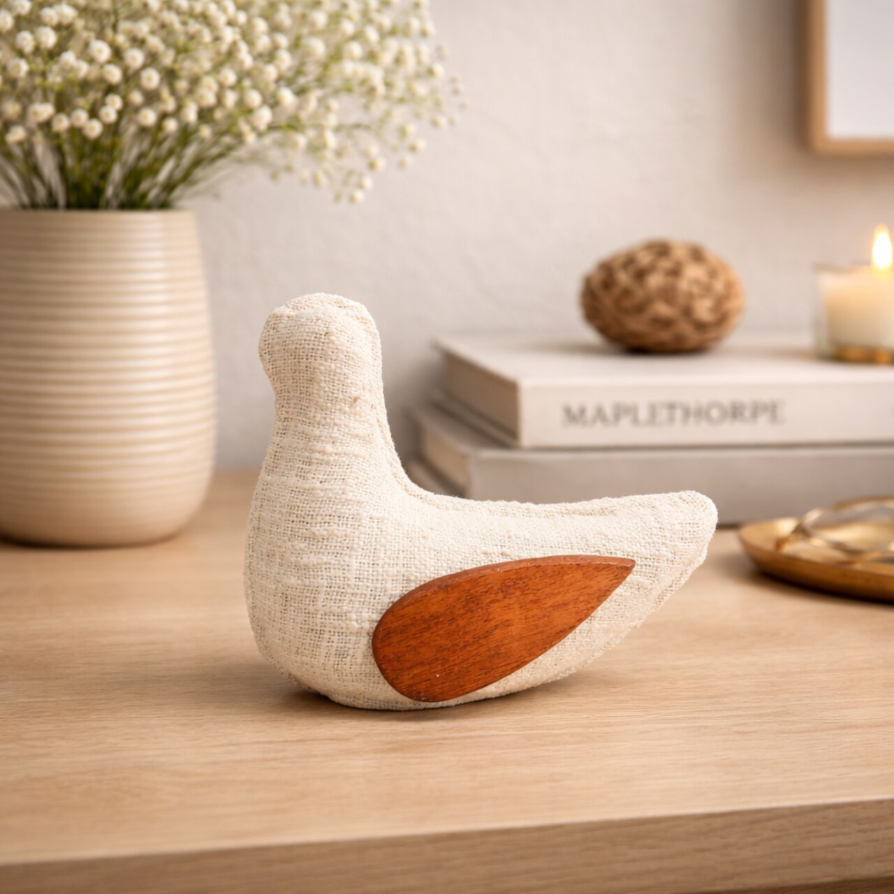 EcoMix Dove with Fabric & Wood Wings – Handcrafted Figurine & Sculptural Décor-9X4.5X7.8"